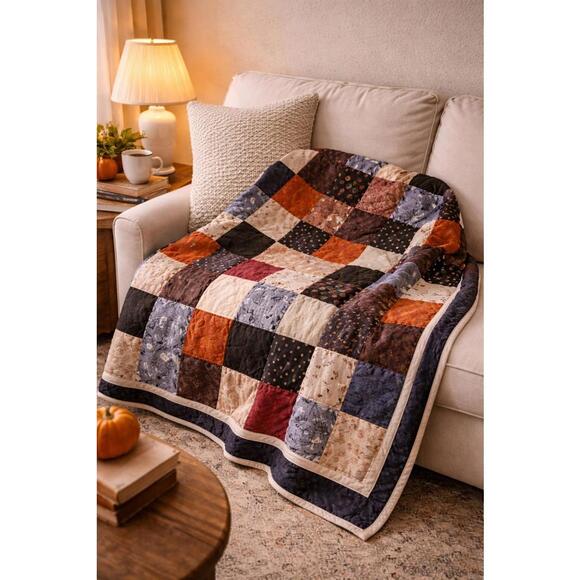 Cozy Autumn Patchwork Quilt Throw Blanket Handmade 50 x 70 Inches Like New